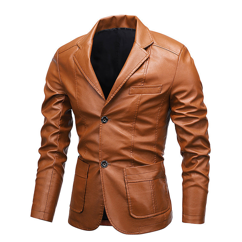 Men's Slim-Fit Faux Leather Blazer with Notched Lapels and Flap Pockets Mune Fashion