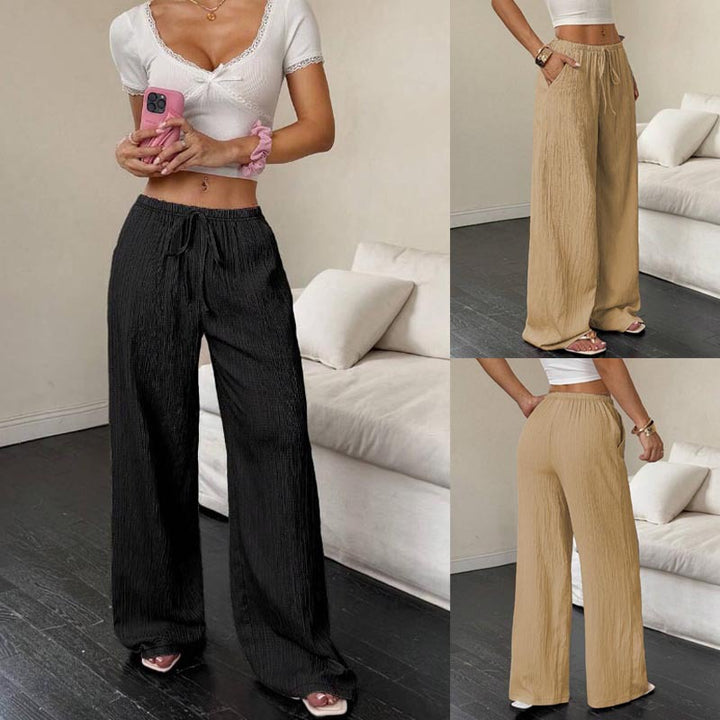 Ladies Wide Pleated Palazzo Pants with Elastic Waistband and Drawstring Mune Fashion