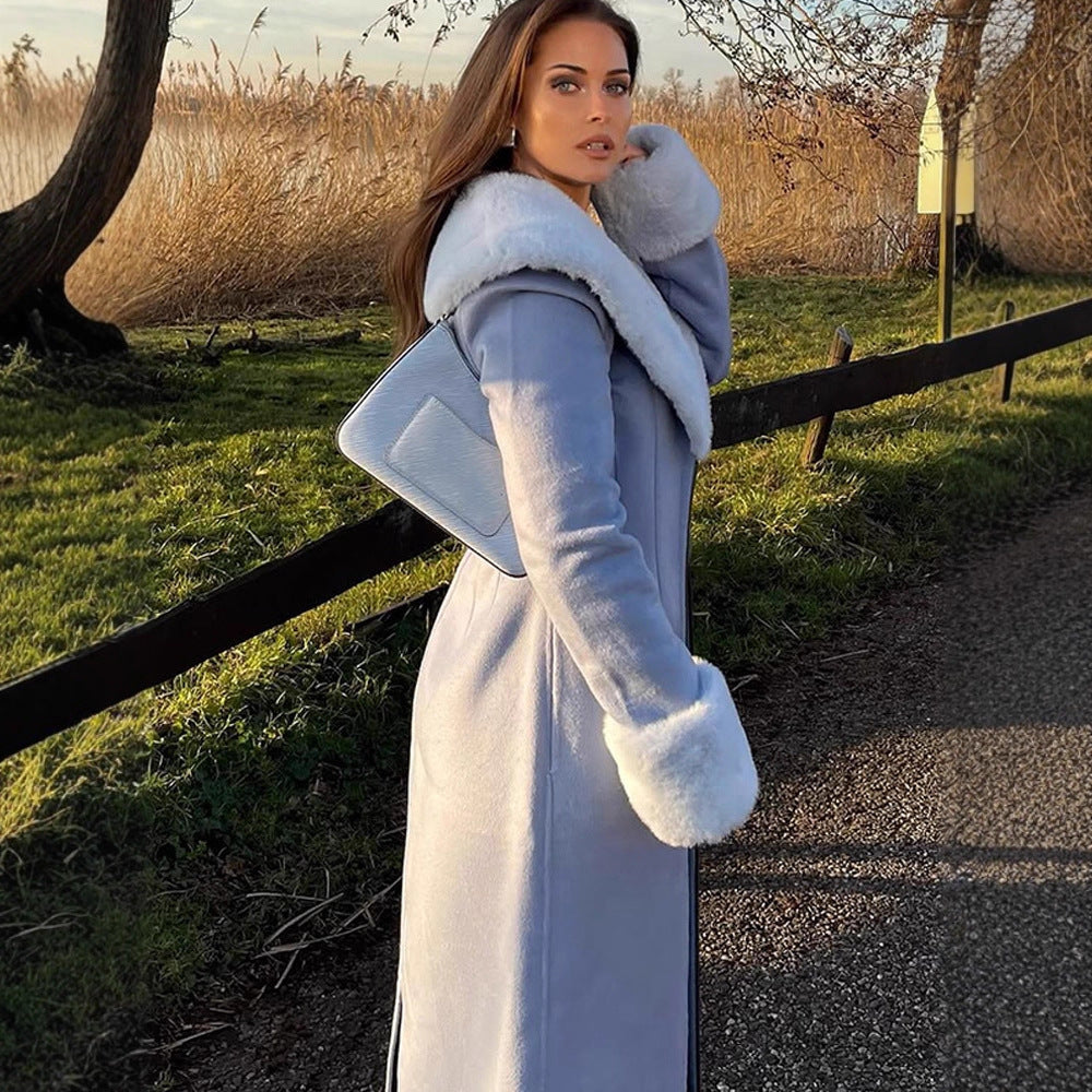 Women Elegant long-cut coat made of velour look with voluminous faux fur shawl collar Mune Fashion