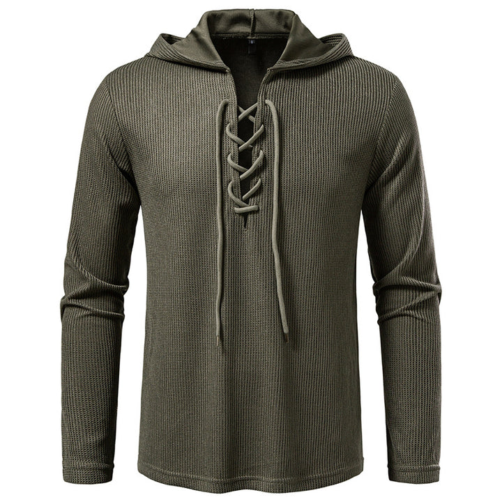 Men's waffle knit hoodie with lace-up collar and straight hem Mune Fashion