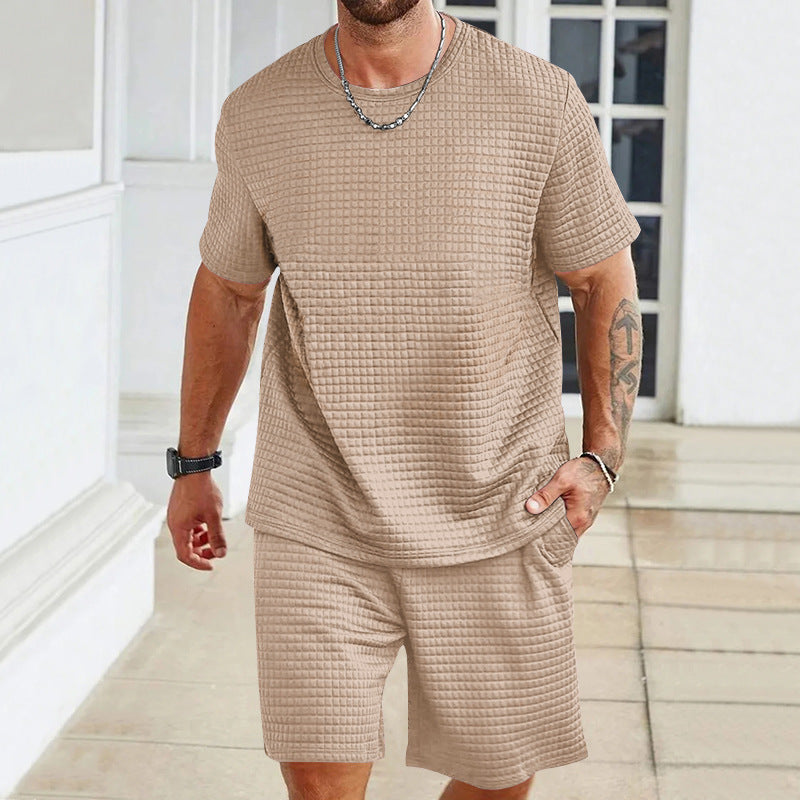 Men's waffle structure lounge and leisure set with wide-cut short-sleeve shirt and shorts with elastic waistband Mune Fashion
