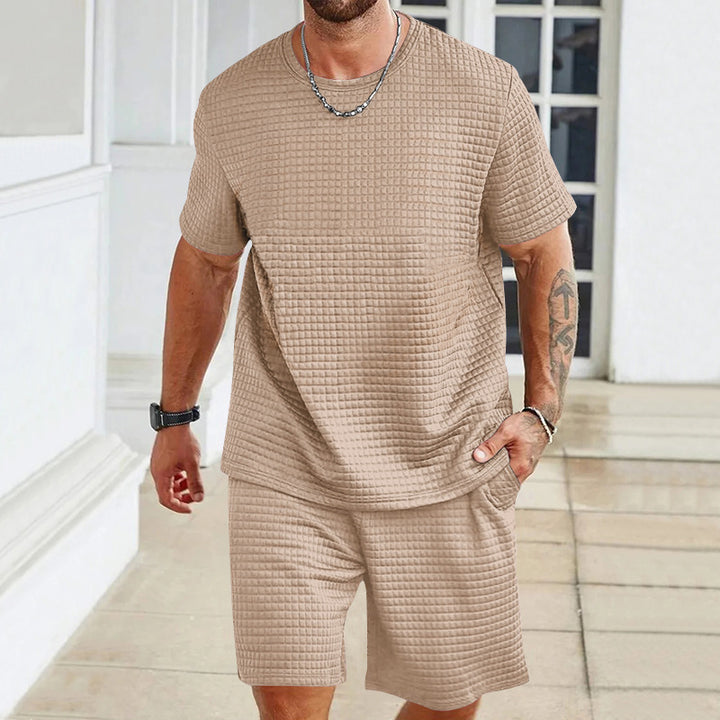 Men's waffle structure lounge and leisure set with wide-cut short-sleeve shirt and shorts with elastic waistband Mune Fashion