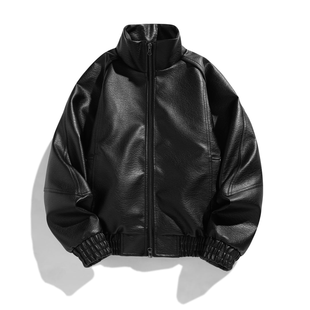 Men's urban faux leather bomber jacket with high stand-up collar and tailored ribbed waistband Mune Fashion