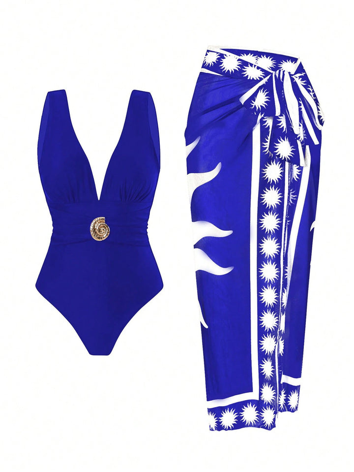 Women's swimsuit with feminine wrap skirt and elegant jewelry detail Mune Fashion