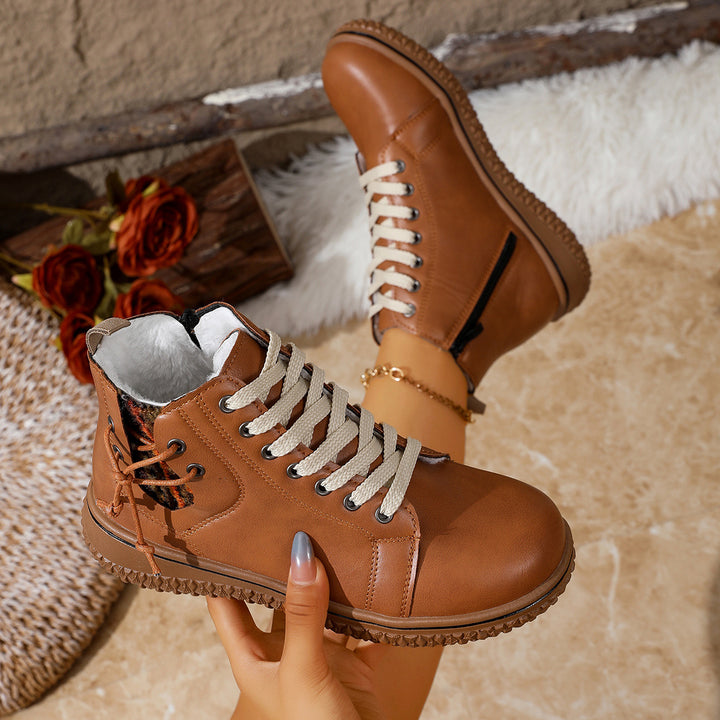 Women's padded lace-up ankle boots with teddy lining, side zipper, and textured rubber sole Mune Fashion