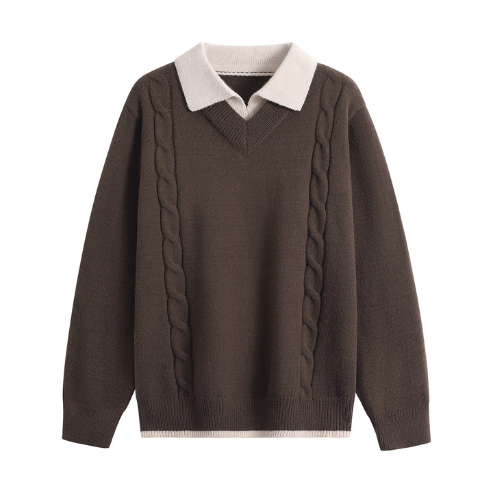 Women's Oversize Pullover with V-Neck, Contrasting Polo Collar & Cable Knit Details Mune Fashion