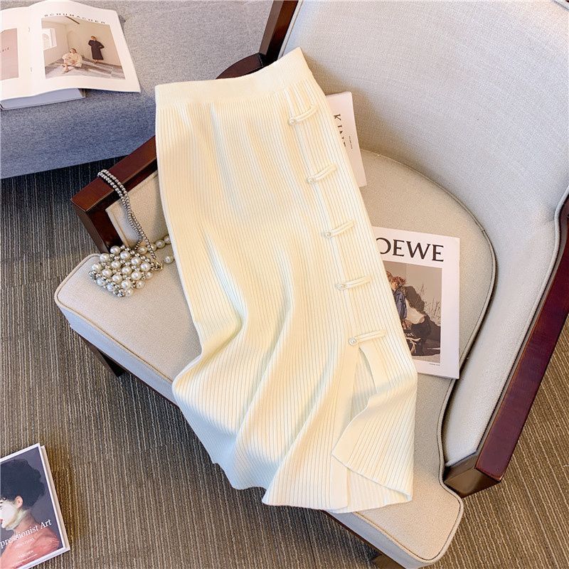 Women's Elegant Ribbed Knit Skirt with Button Details Mune Fashion