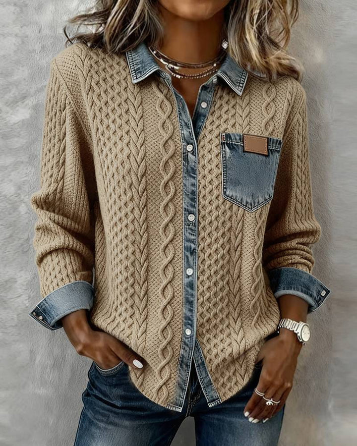 Women's braided knit sweater with integrated denim collar and chest pocket Mune Fashion