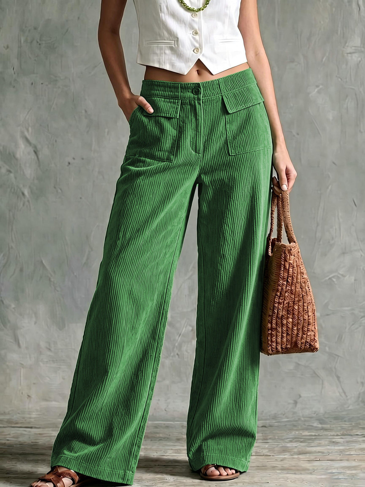 Women's Wide Cord Palazzo Pants with High Waist and Flap Pockets Mune Fashion