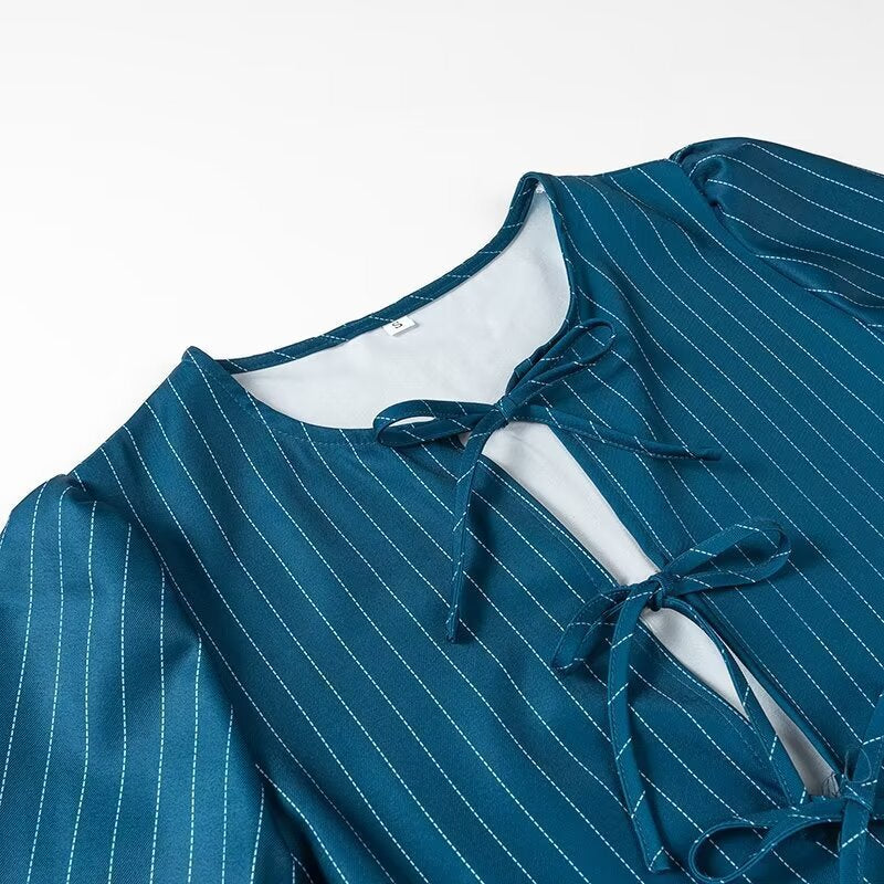 Women's Striped Peplum Blouse with Front Lacing and Long Balloon Sleeves Mune Fashion