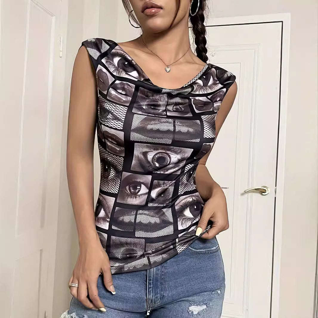 Women's tailored sleeveless jersey top with waterfall collar and collage-style face print Mune Fashion