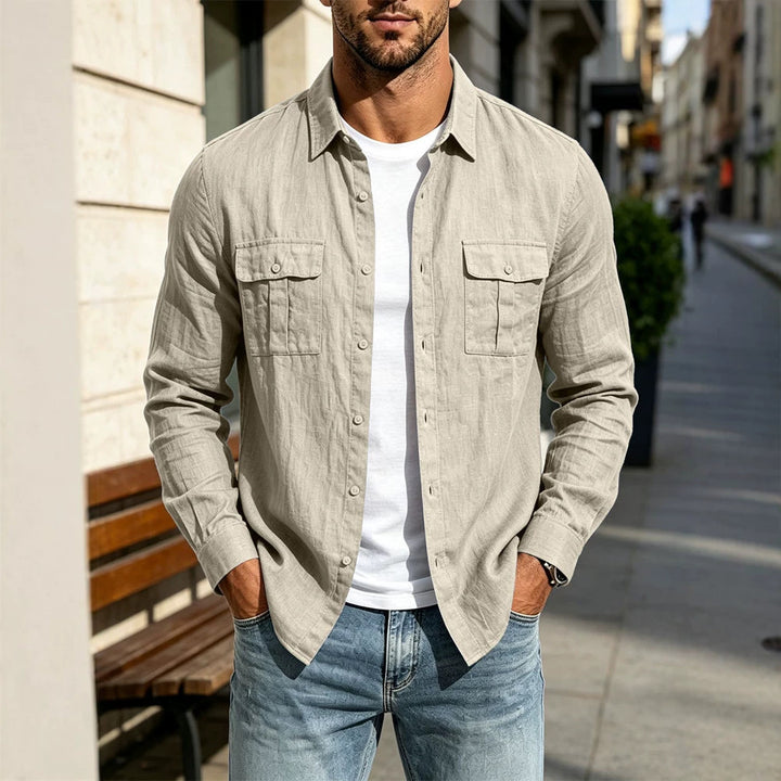 Men's Lightweight Shirt Jacket Made of Cotton-Linen with Chest Pockets and Loose Fit Mune Fashion