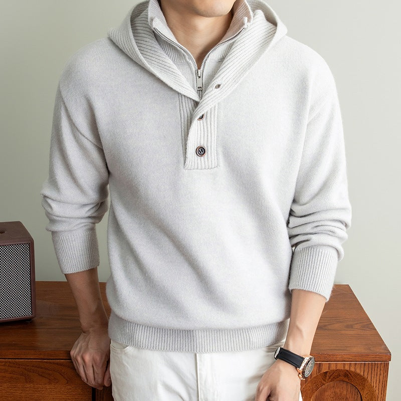 Men's fine knit hooded pullover with half zipper and button placket Mune Fashion