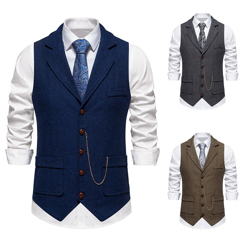 Men's vintage vest with lapel collar watch chain and breast pocket Mune Fashion