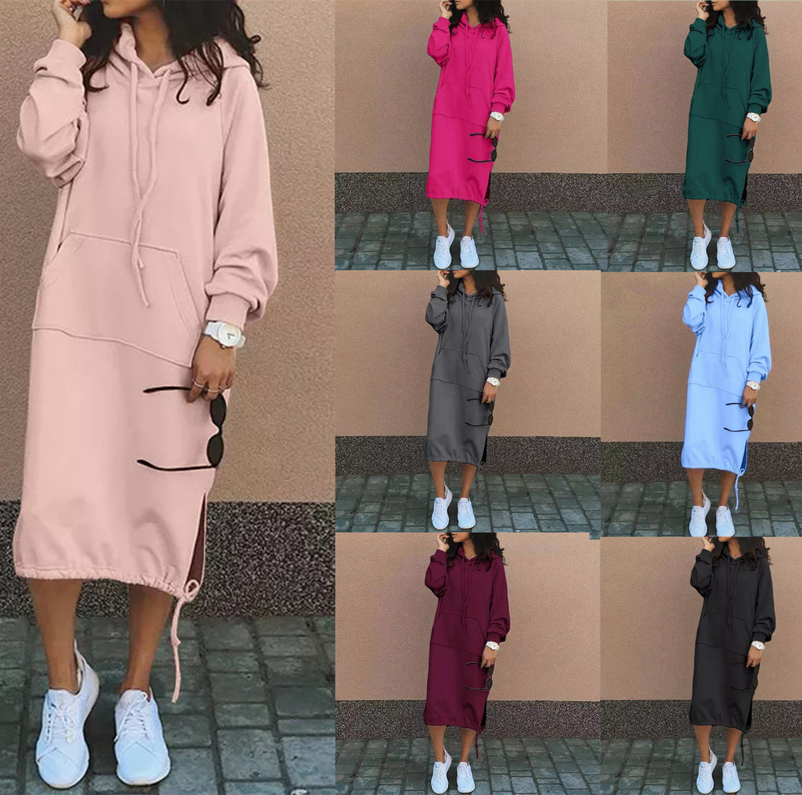 Women's Oversize Hoodie-Midi Dress with Drawstring Hem and Side Slit Details Mune Fashion