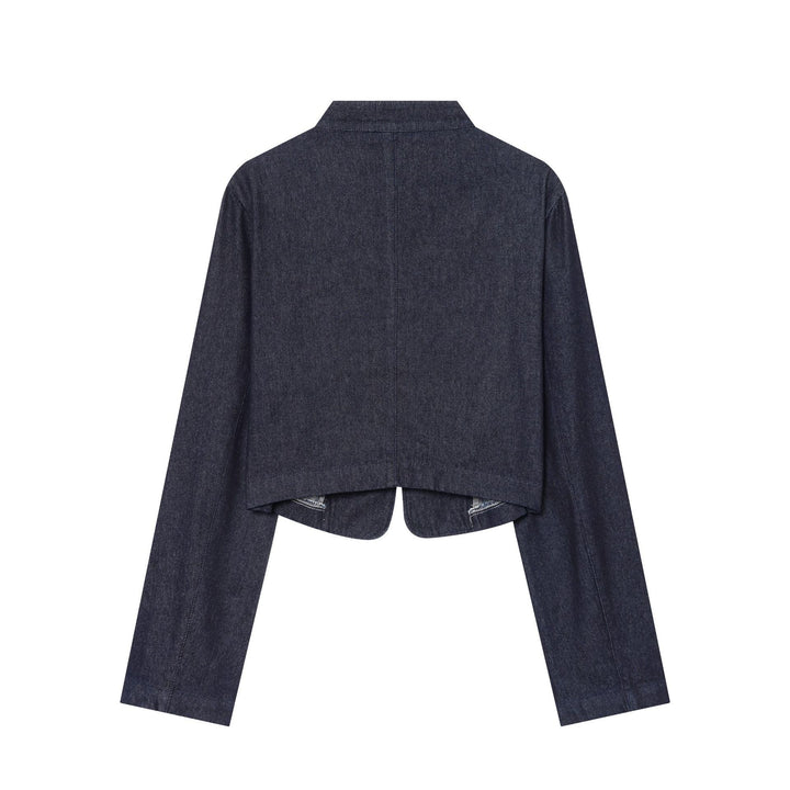 Women's Cropped Denim Military Jacket with Stand Collar and Decorative Button Placket Mune Fashion