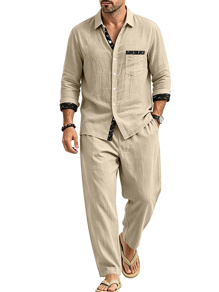 Men's Lightweight Linen Look Casual Set with Shirt and Relax Pants Mune Fashion
