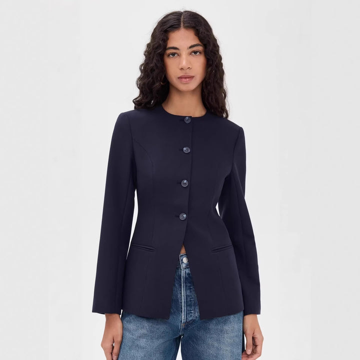 Women's Tailored Short Blazer with Round Neckline and Center Button Placket Mune Fashion