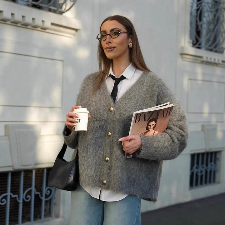 Women Fluffy Mohair-Optic Oversized Cardigan with V-Neck and Gold Decorative Buttons Mune Fashion