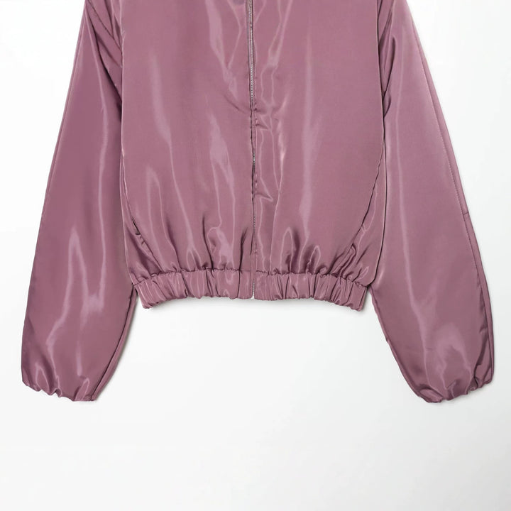 Women Shiny Cropped Bomber Jacket with Stand Collar and Elastic Waist Mune Fashion