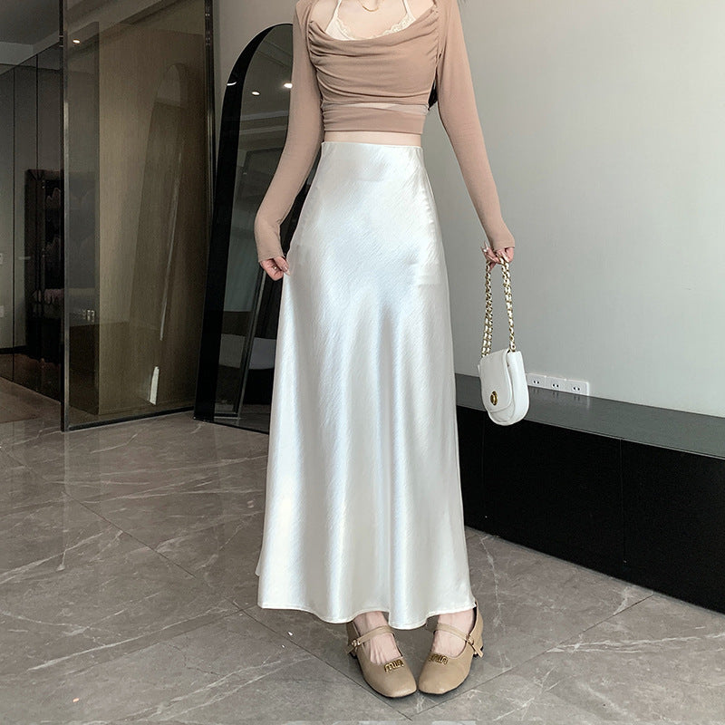Women's elegant satin midi skirt with A-line and seamless waistband Mune Fashion