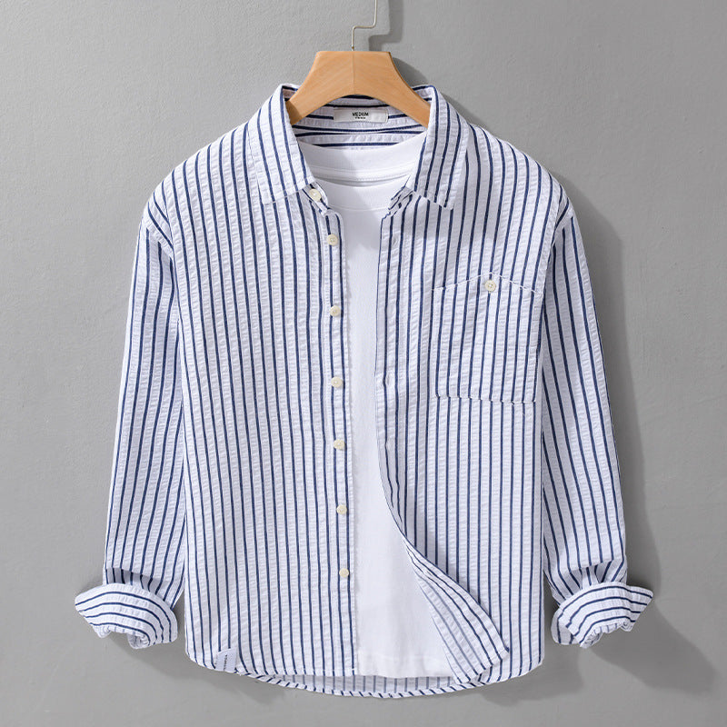 Men's Textured Stripe Shirt in Relaxed Fit made of Cotton-Linen Blend with Chest Pocket Mune Fashion