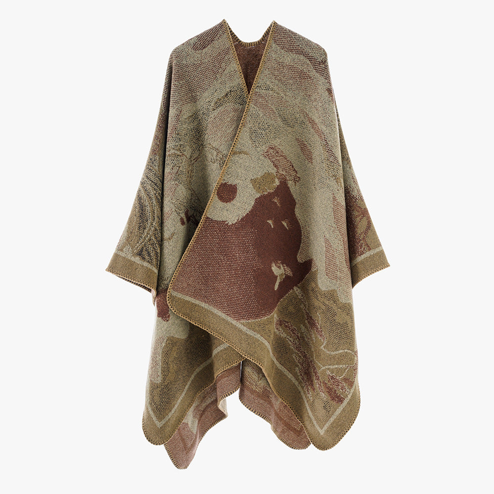 Women's jacquard cape with graphic floral motif and boxy oversized cut Mune Fashion