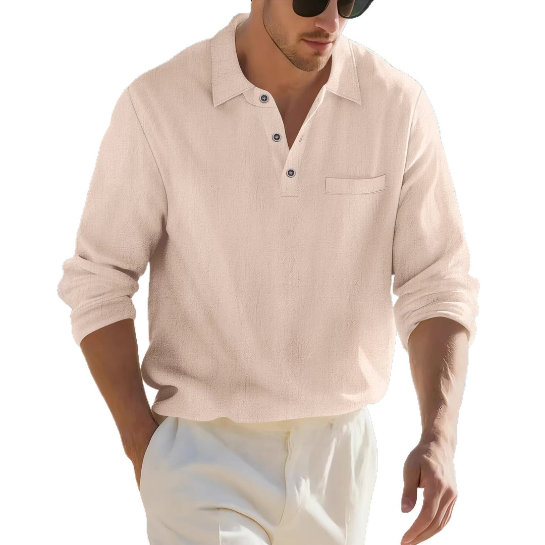 Men's lightweight linen Henley shirt with chest piping and relaxed casual fit Mune Fashion