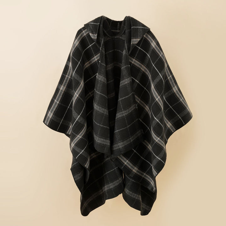 Ladies' hooded poncho with plaid pattern, softly draping wool blend and open oversized fit