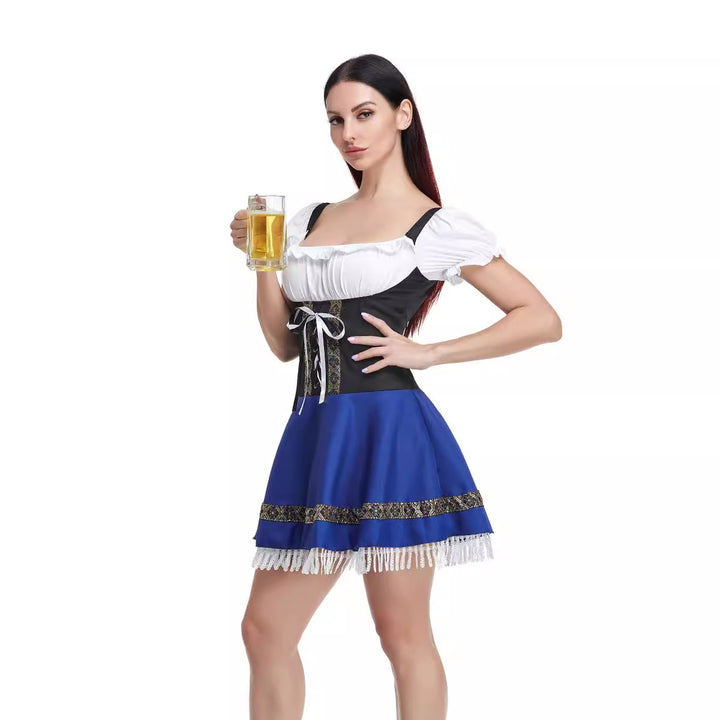 Ladies traditional dirndl dress with lace sleeves, bodice corset, and gathered apron Mune Fashion