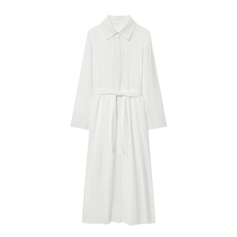 Women Long Shirt Dress with Waist Belt and Continuous Button Placket Mune Fashion