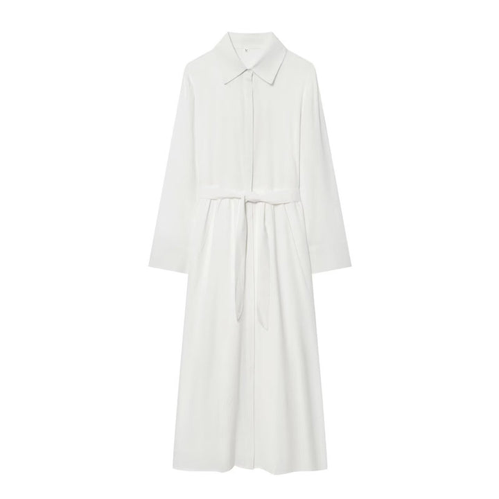 Women Long Shirt Dress with Waist Belt and Continuous Button Placket Mune Fashion