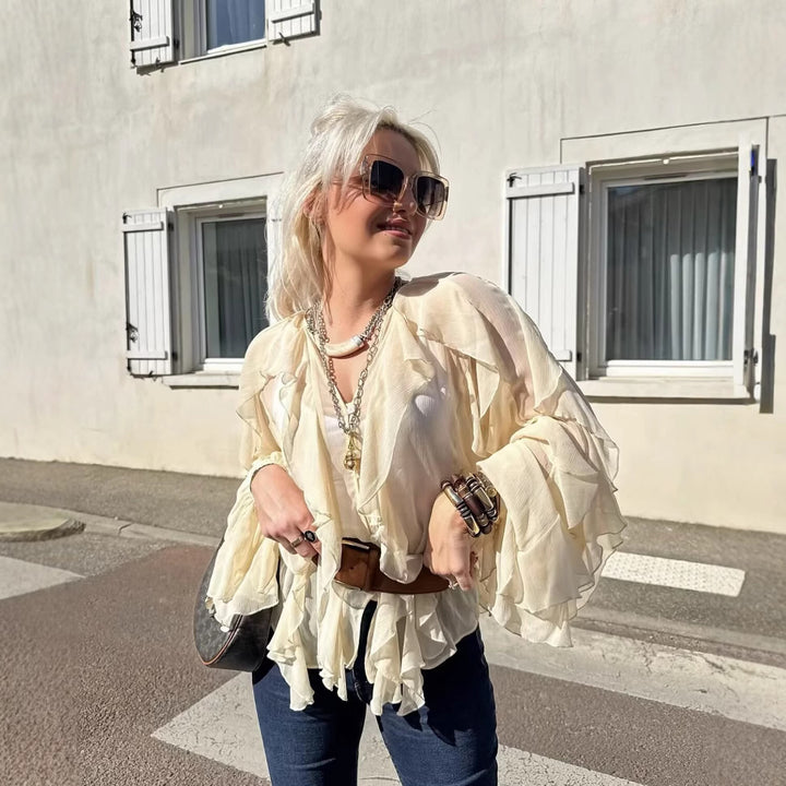 Women's feminine chiffon ruffle blouse with balloon sleeves and V-neck Mune Fashion
