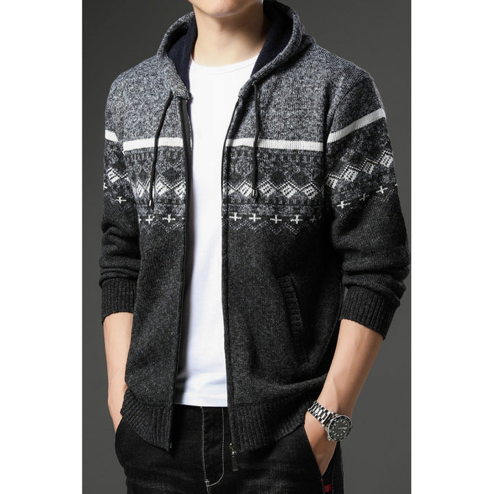 Men's Knit Zip Hoodie with Norwegian Pattern, Hood and Side Pockets Mune Fashion