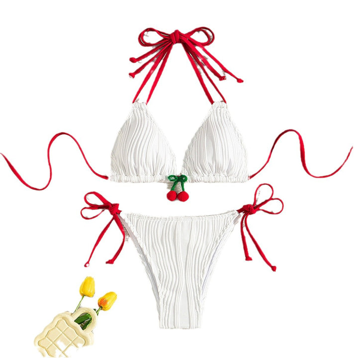 Women Ribbed Design Triangle Bikini with Playful Cherry Detail Mune Fashion