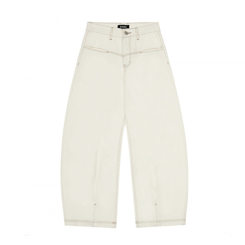 Women Wide Cropped Balloon Jeans with High Waist and Visible Contrast Stitching Mune Fashion