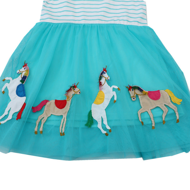 Girls tulle dress with colorful unicorn motif and striped top Mune Fashion
