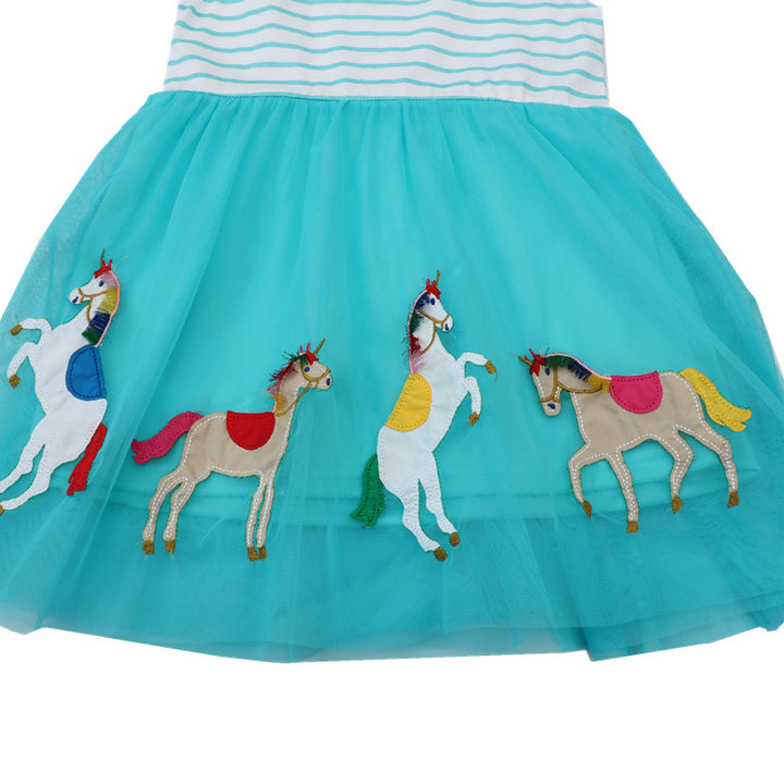 Girls tulle dress with colorful unicorn motif and striped top Mune Fashion