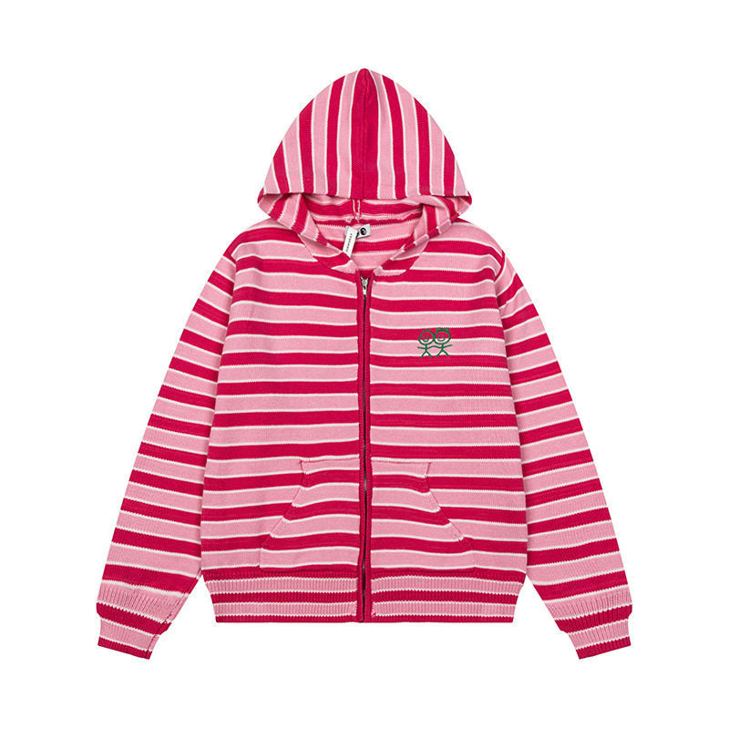 Women's Striped Hooded Cardigan with Full Zip and Pockets Mune Fashion