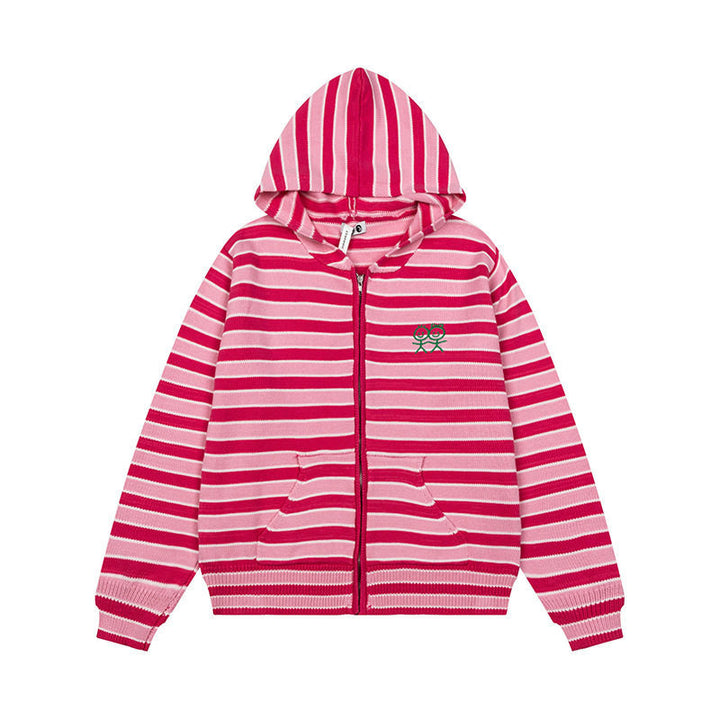 Women's Striped Hooded Cardigan with Full Zip and Pockets Mune Fashion