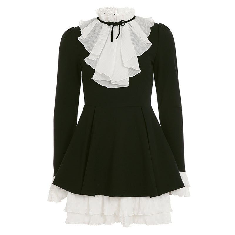 Women’s Victorian Ruffled Dress with Stand Collar, Gathered Ruffle and Multi-Layered Pleated Underskirt Mune Fashion