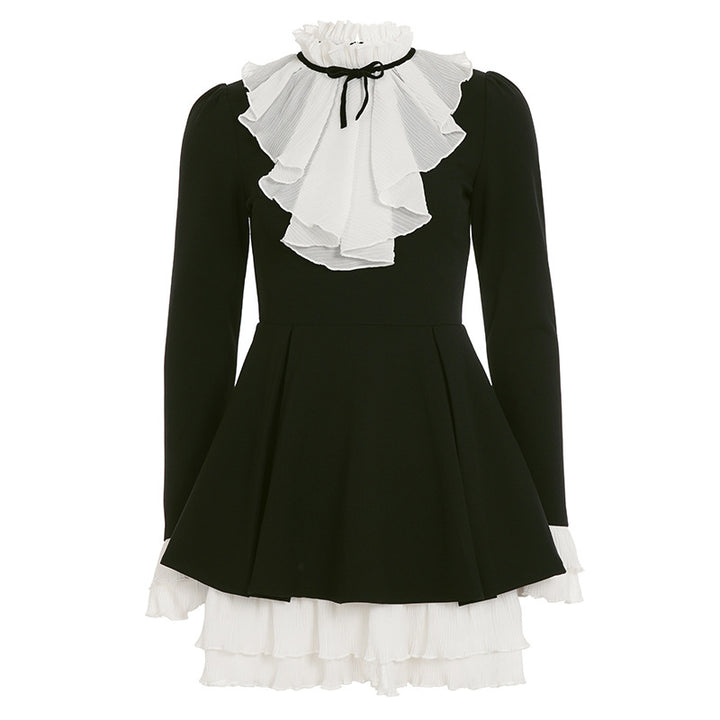 Women’s Victorian Ruffled Dress with Stand Collar, Gathered Ruffle and Multi-Layered Pleated Underskirt Mune Fashion