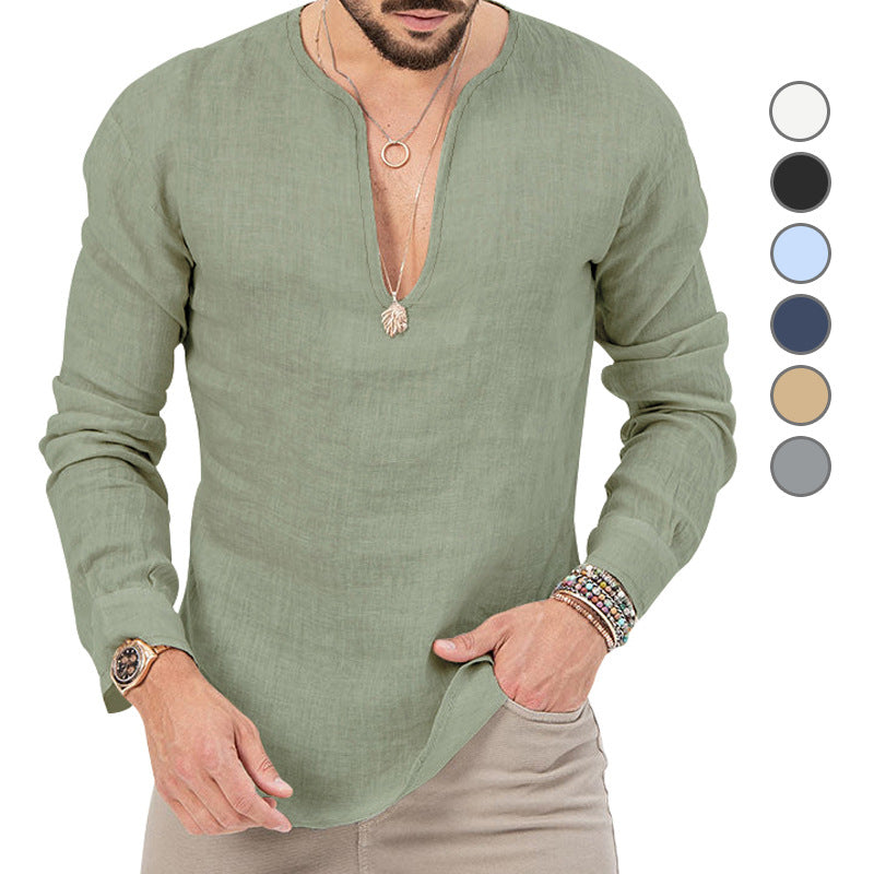 Men's relaxed linen tunic shirt with open slit collar and rounded hem Mune Fashion