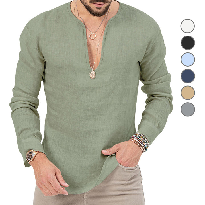 Men's relaxed linen tunic shirt with open slit collar and rounded hem Mune Fashion