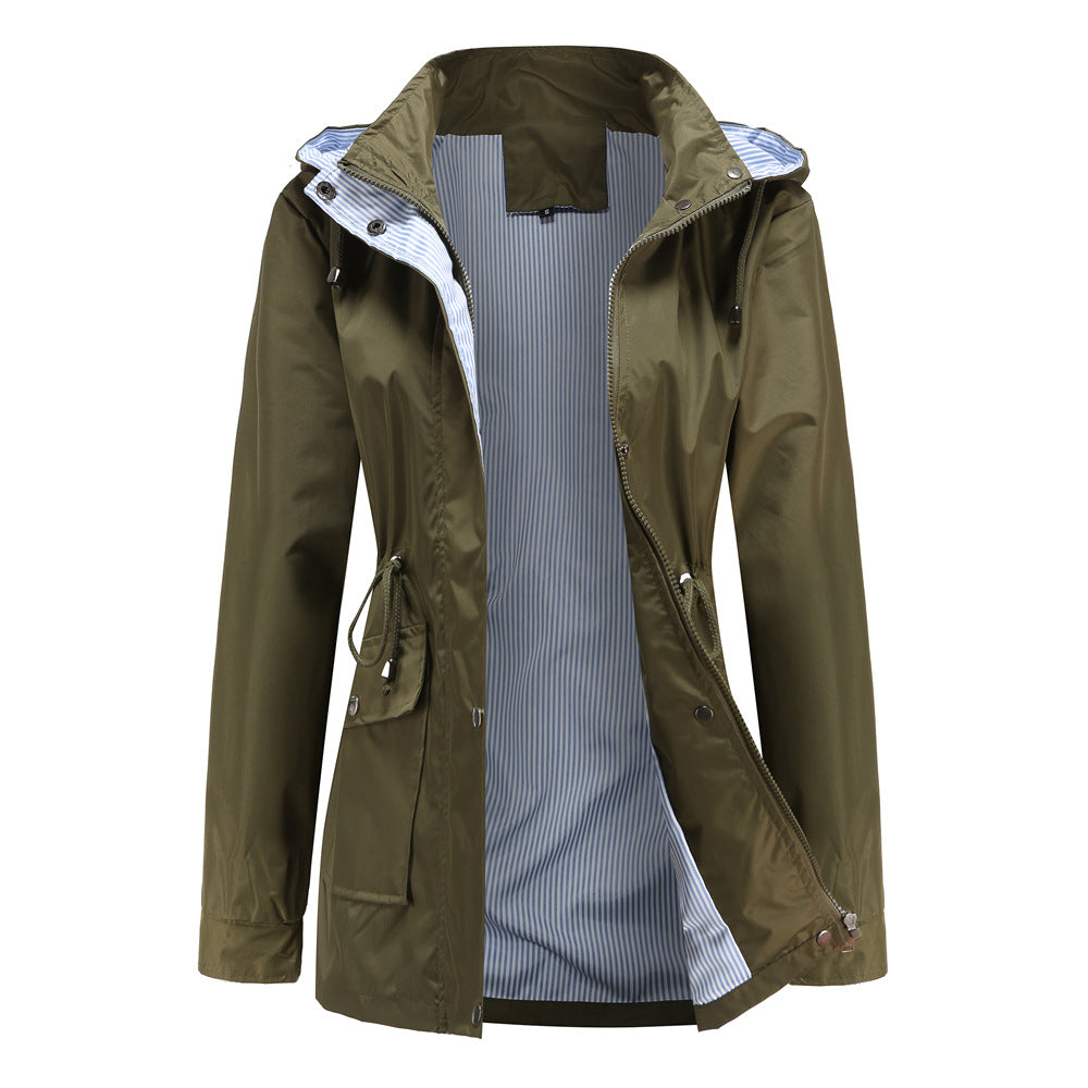 Women's lightweight waterproof rain jacket with hood and waist drawstring Mune Fashion