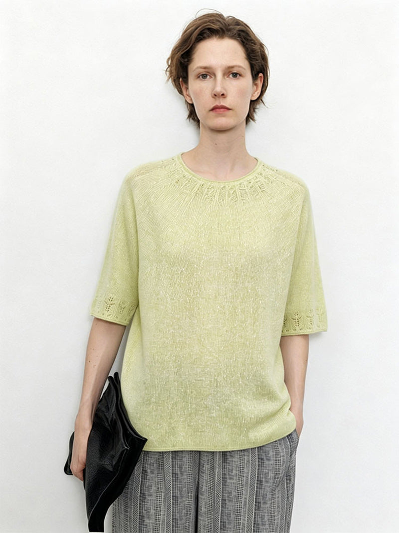 Ladies Lightweight Fine Knit Top with Half Sleeves, Round Neck and Fine Lace Pattern Mune Fashion