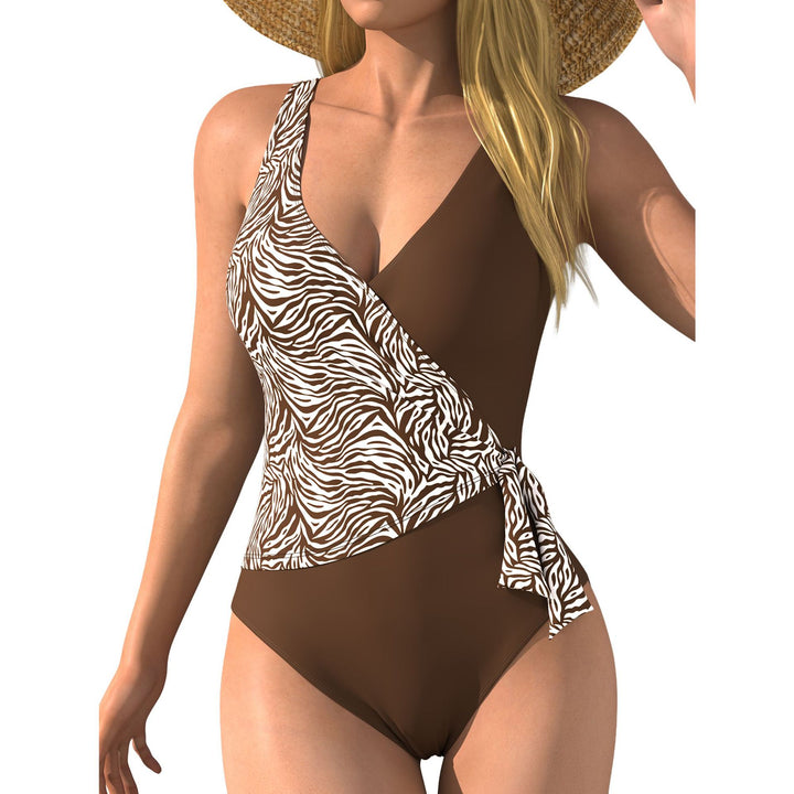 Women's One-Piece Swimsuit with Wrap Design and Animal Print Mune Fashion