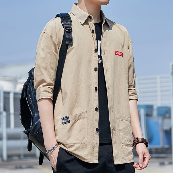 Men's overshirt jacket in lightweight canvas look with patch front pockets and cropped sleeves Mune Fashion
