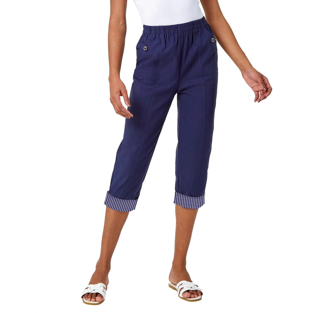 Women's Cropped Capri Pants with Elastic Waistband, Patch Pockets and Contrasted Cuff Mune Fashion