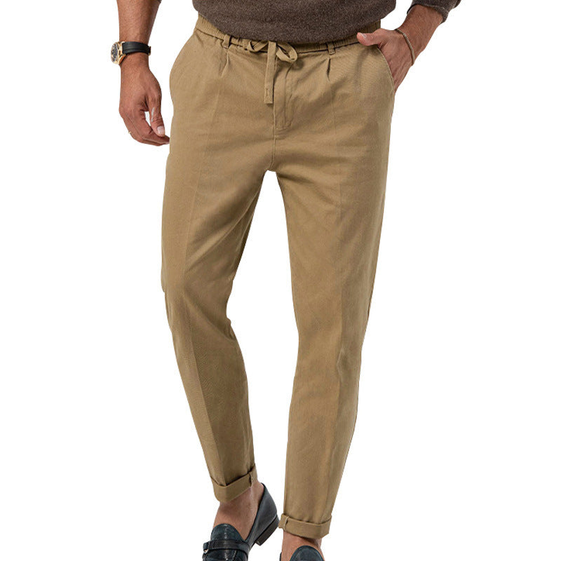 Men's Tapered Linen-Cotton Pants with Elastic Waistband, Drawstring and Cuffs Mune Fashion